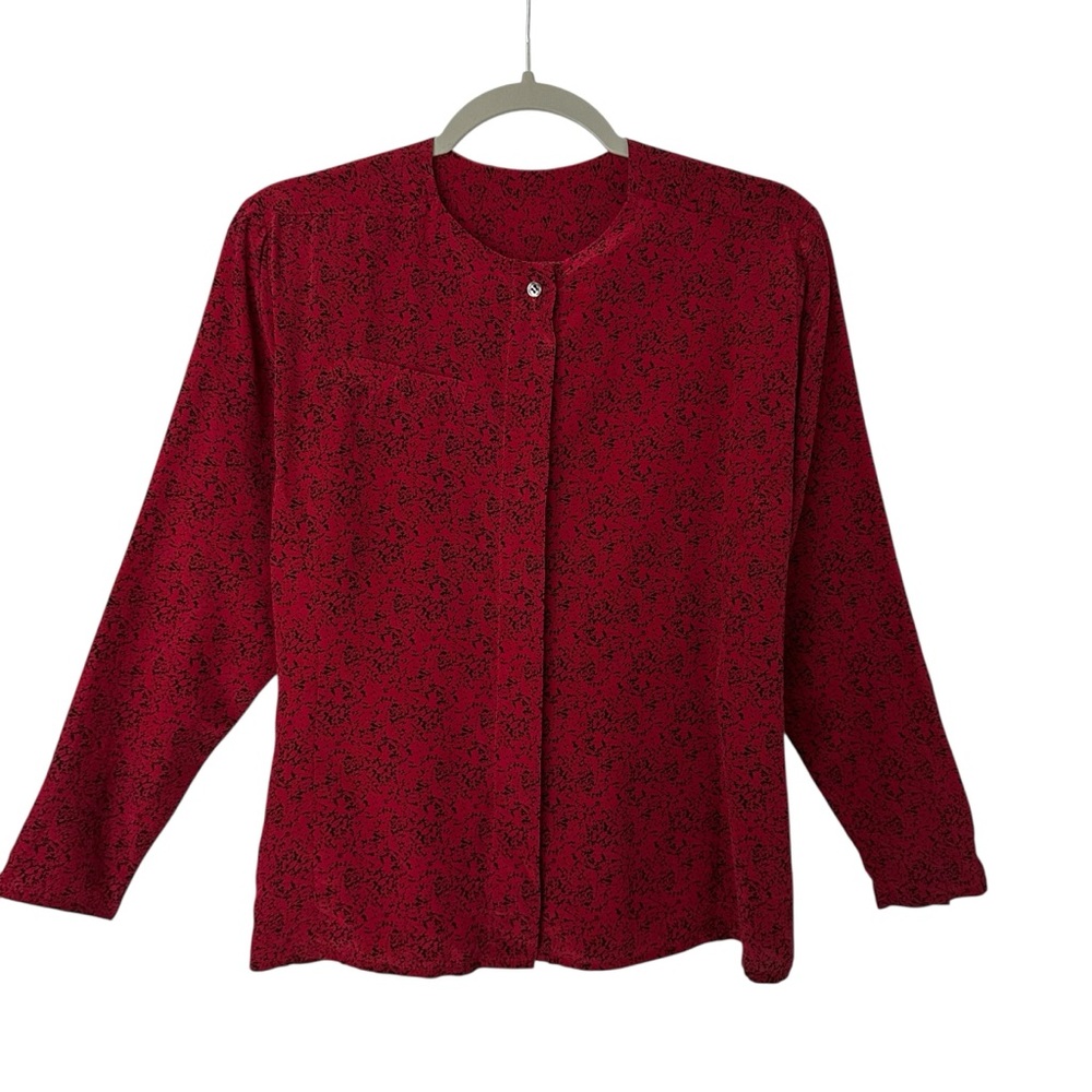 Vintage Paul Stanley 100% Silk Red Blouse Minimalist‎ 90s Button Front Top Sz 4